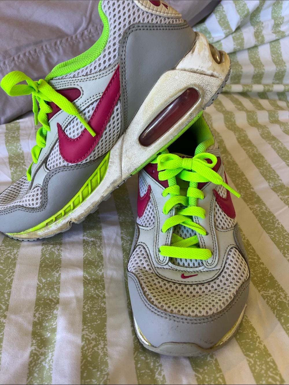 Nike Women's White Sneakers with Neon Green Laces and Pink Swoosh